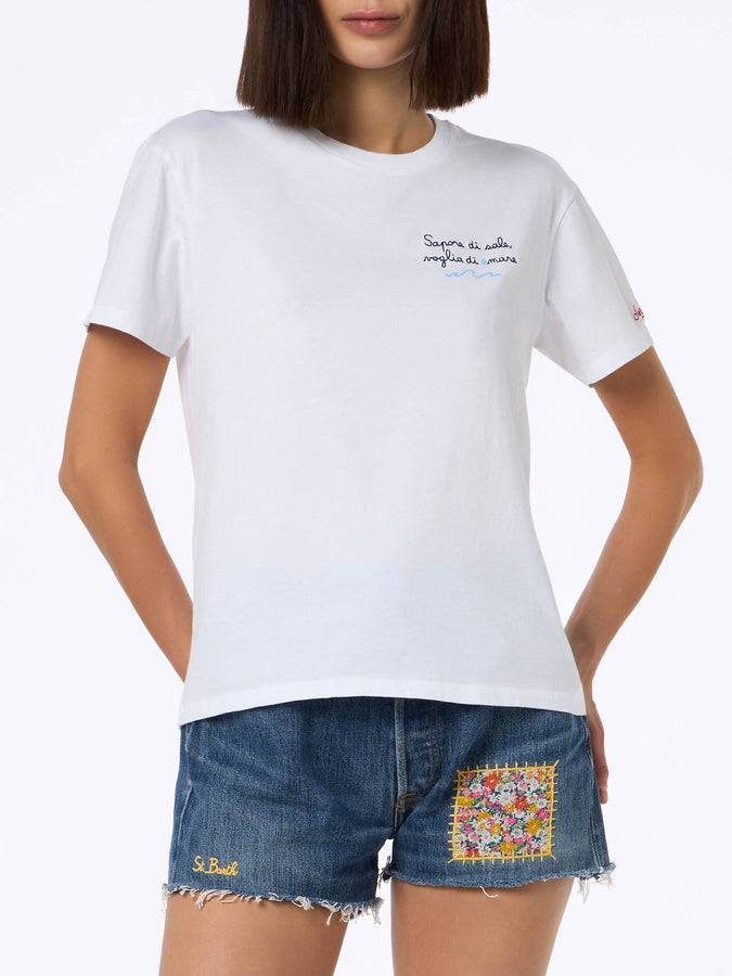 Mc2 Saint Barth Woman cotton jersey crewneck t-shirt Emilie with Voglia di amare embroidery | @serepocaiontas SPECIAL EDITION Italy