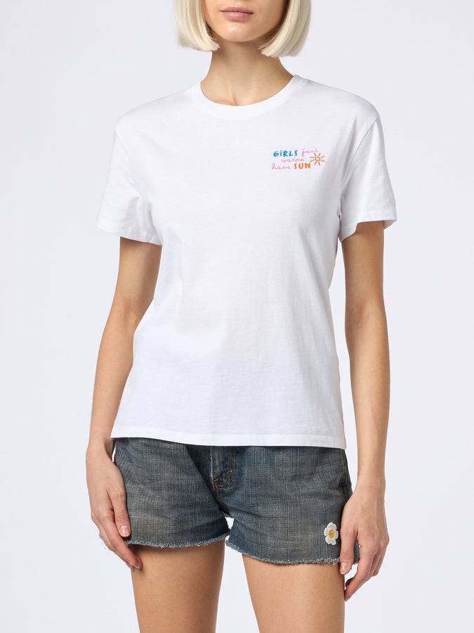 Mc2 Saint Barth T-shirt da donna girocollo in jersey di cotone Emilie con ricamo Girls just wanna have Sun Only for today