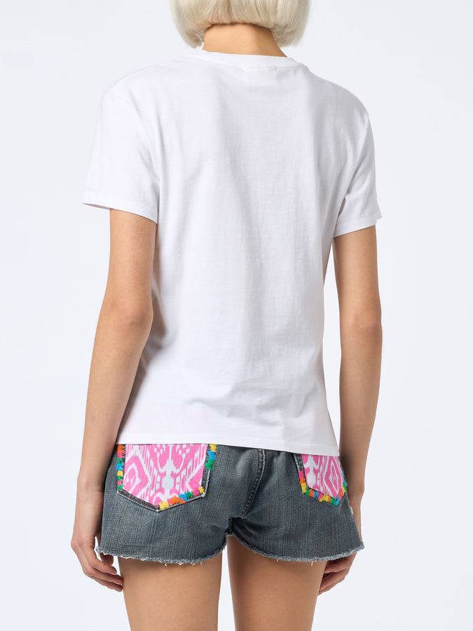 Mc2 Saint Barth T-shirt da donna girocollo in jersey di cotone Emilie con ricamo Girls just wanna have Sun Only for today