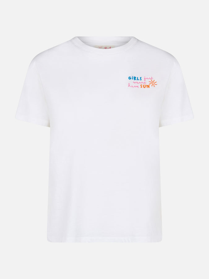 Mc2 Saint Barth T-shirt da donna girocollo in jersey di cotone Emilie con ricamo Girls just wanna have Sun Only for today