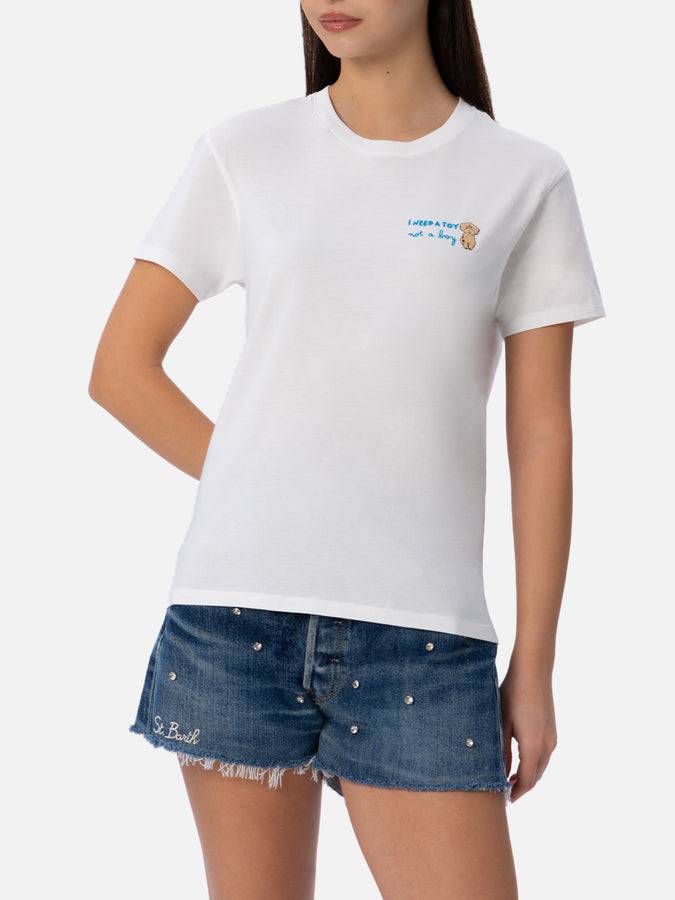 Mc2 Saint Barth T-shirt da donna girocollo Emilie in jersey di cotone con ricamo I need a Toy not a Boy Pezzi Unici