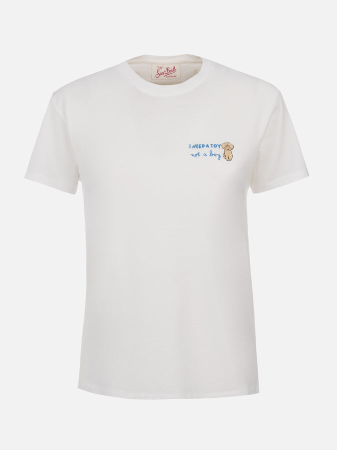 Mc2 Saint Barth T-shirt da donna girocollo Emilie in jersey di cotone con ricamo I need a Toy not a Boy Pezzi Unici