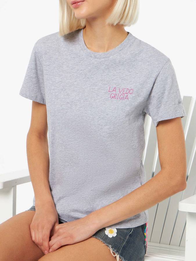 Mc2 Saint Barth T-shirt da donna girocollo Emilie in jersey di cotone con ricamo La Vedo Grigia Trasporto libero internazionale