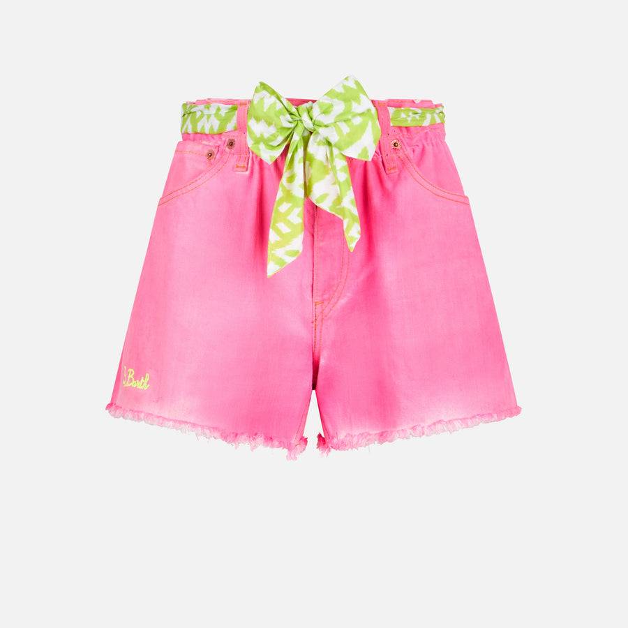 Mc2 Saint Barth Pantaloncini da donna in denim rosa riciclato con ricamo Soddisfazione Garantita