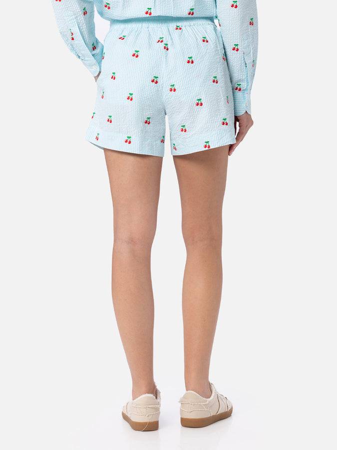 Mc2 Saint Barth Pantaloncini da donna pull up a righe seersucker Meave con toppe ciliegia Vendita Calda