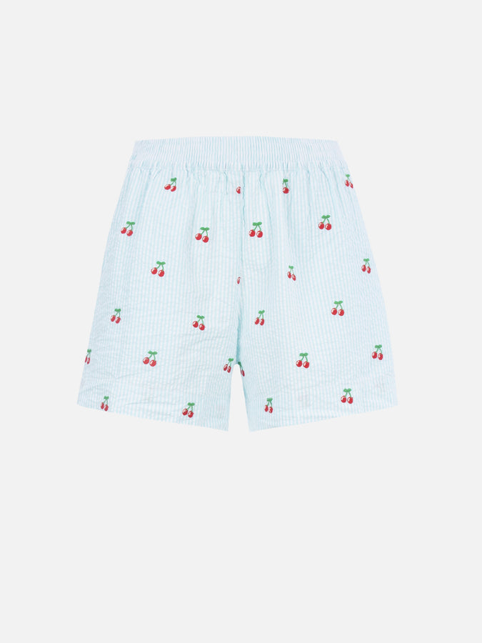 Mc2 Saint Barth Pantaloncini da donna pull up a righe seersucker Meave con toppe ciliegia Vendita Calda