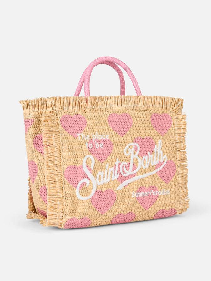 Mc2 Saint Barth Natural beige Colette Raffia handbag with hearts embroidery Vendita Calda