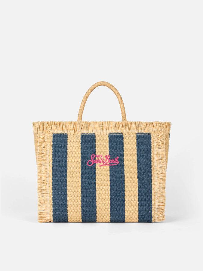 Mc2 Saint Barth Colette Straw handbag with navy blue striped print Saldi Di Fabbrica