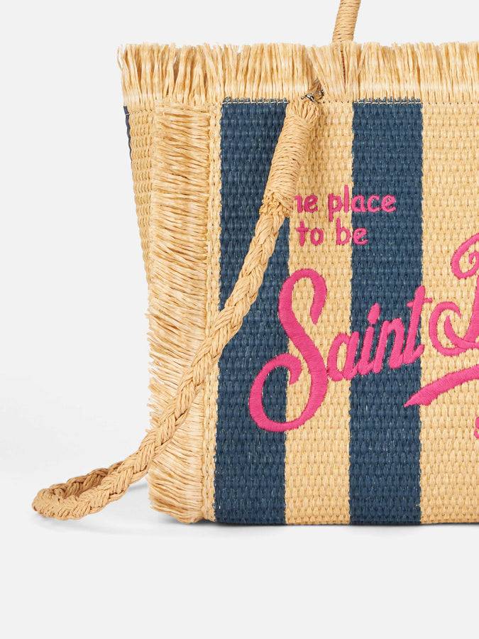 Mc2 Saint Barth Colette Straw handbag with navy blue striped print Saldi Di Fabbrica