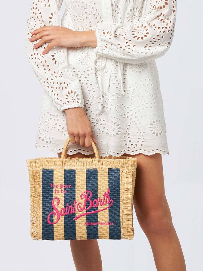 Mc2 Saint Barth Colette Straw handbag with navy blue striped print Saldi Di Fabbrica