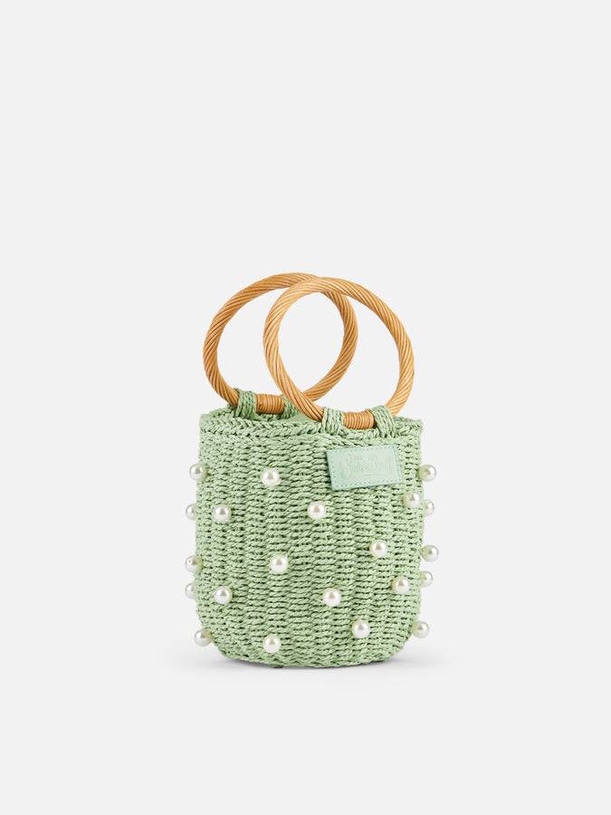 Mc2 Saint Barth Borsa a secchiello in rattan verde acqua con decorazione di perle Moda