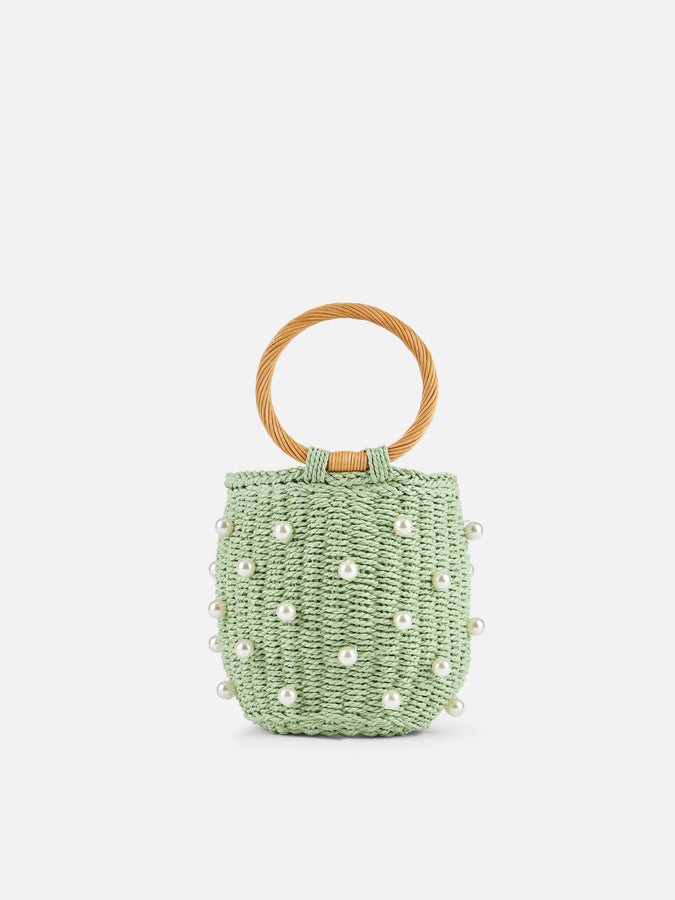 Mc2 Saint Barth Borsa a secchiello in rattan verde acqua con decorazione di perle Moda