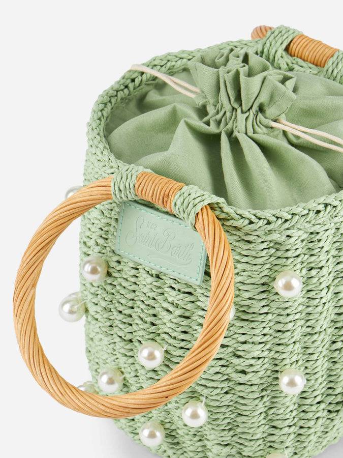 Mc2 Saint Barth Borsa a secchiello in rattan verde acqua con decorazione di perle Moda