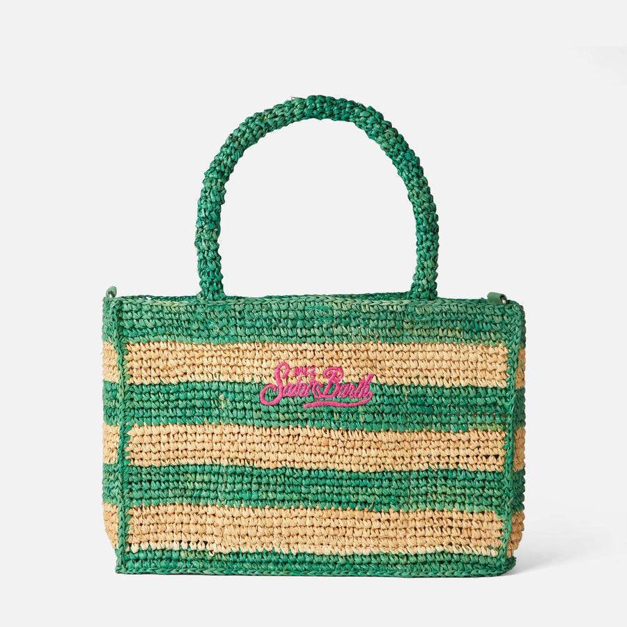 Mc2 Saint Barth Borsa Colette in rafia a righe bianche e verdi Nuova