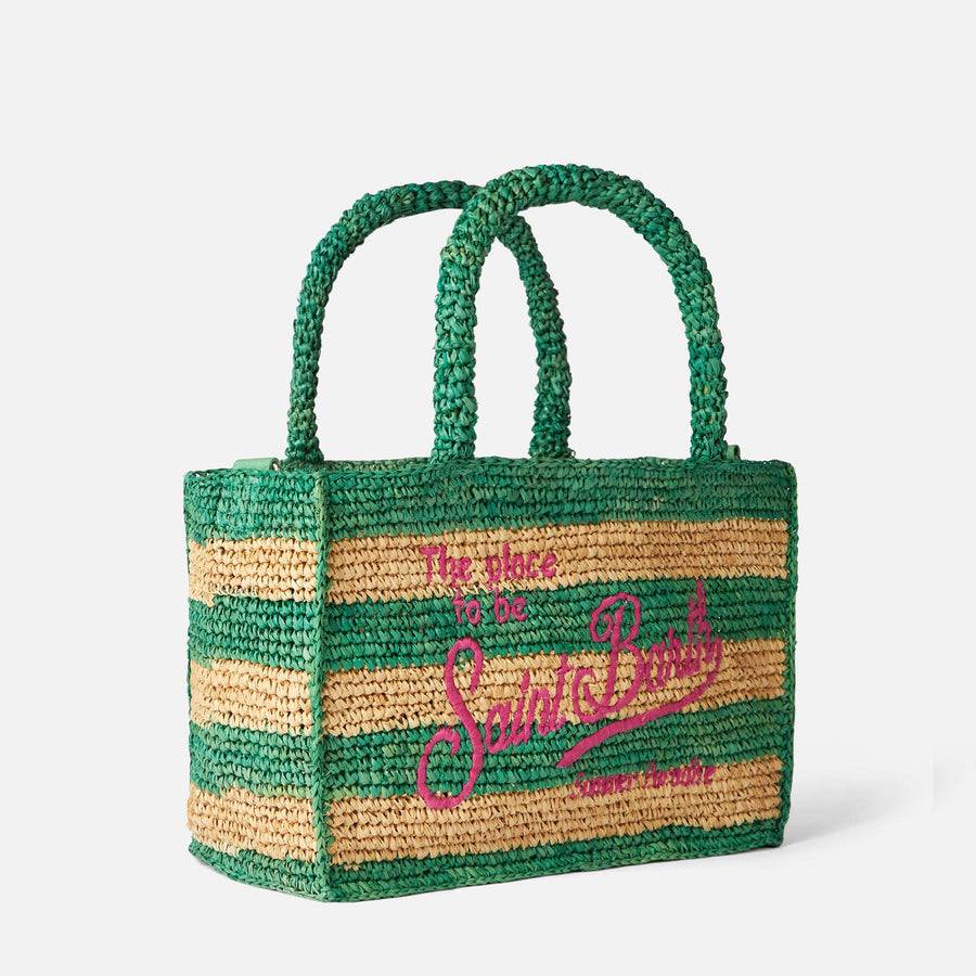 Mc2 Saint Barth Borsa Colette in rafia a righe bianche e verdi Nuova