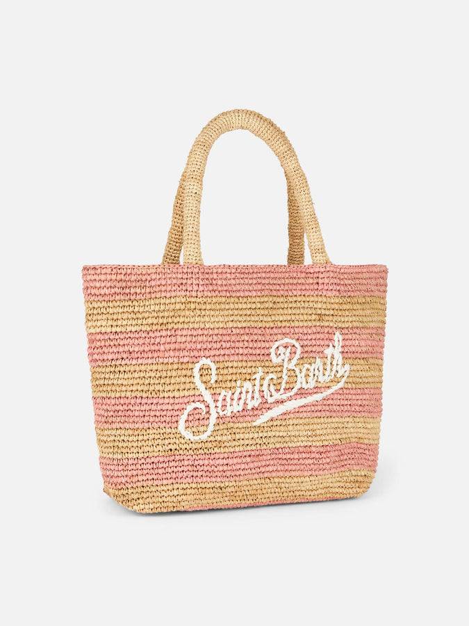 Mc2 Saint Barth Borsa midi Beach in rafia a righe rosa con pochette in cotone Moda