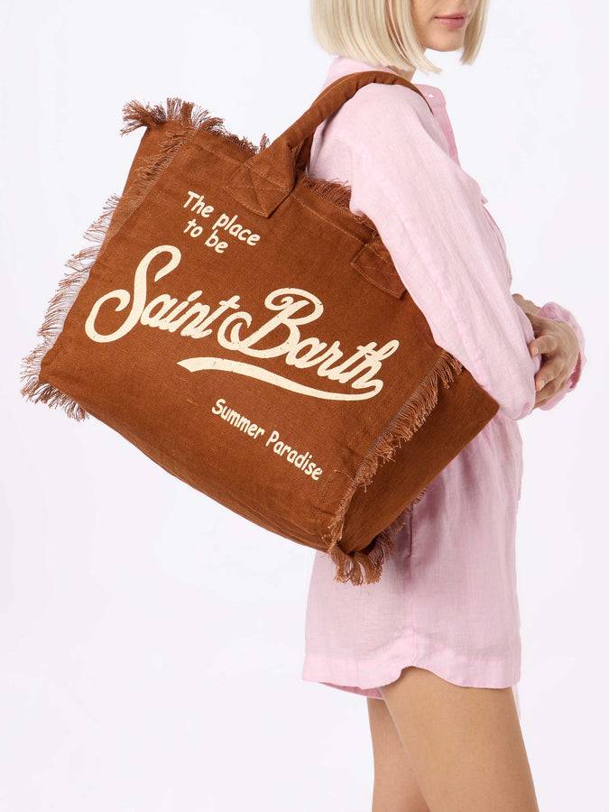 Mc2 Saint Barth Brown Vanity Linen tote bag with Saint Barth logo Qualità Garantita