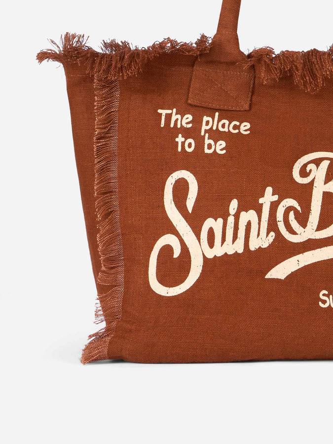 Mc2 Saint Barth Brown Vanity Linen tote bag with Saint Barth logo Qualità Garantita