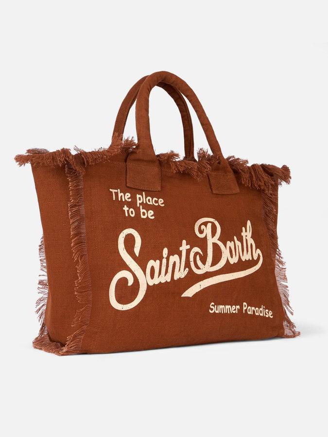Mc2 Saint Barth Brown Vanity Linen tote bag with Saint Barth logo Qualità Garantita