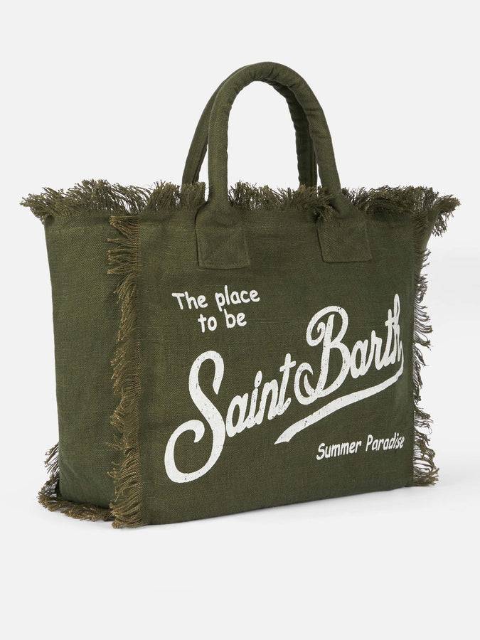 Mc2 Saint Barth Borsa tote Vanity Linen verde militare con ricami Fino Al -60%