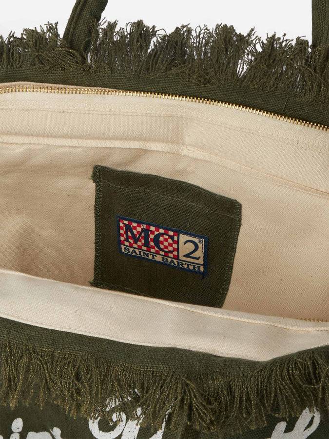 Mc2 Saint Barth Borsa tote Vanity Linen verde militare con ricami Fino Al -60%