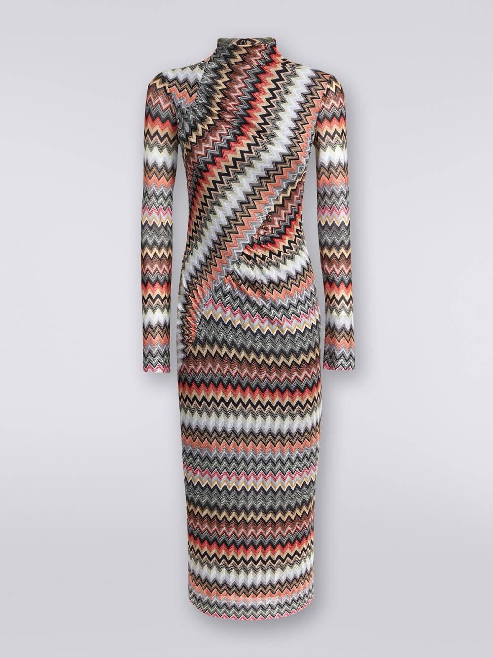 Missoni Abito lungo con collo alto in cotone e viscosa zig zag con arricciature 2025