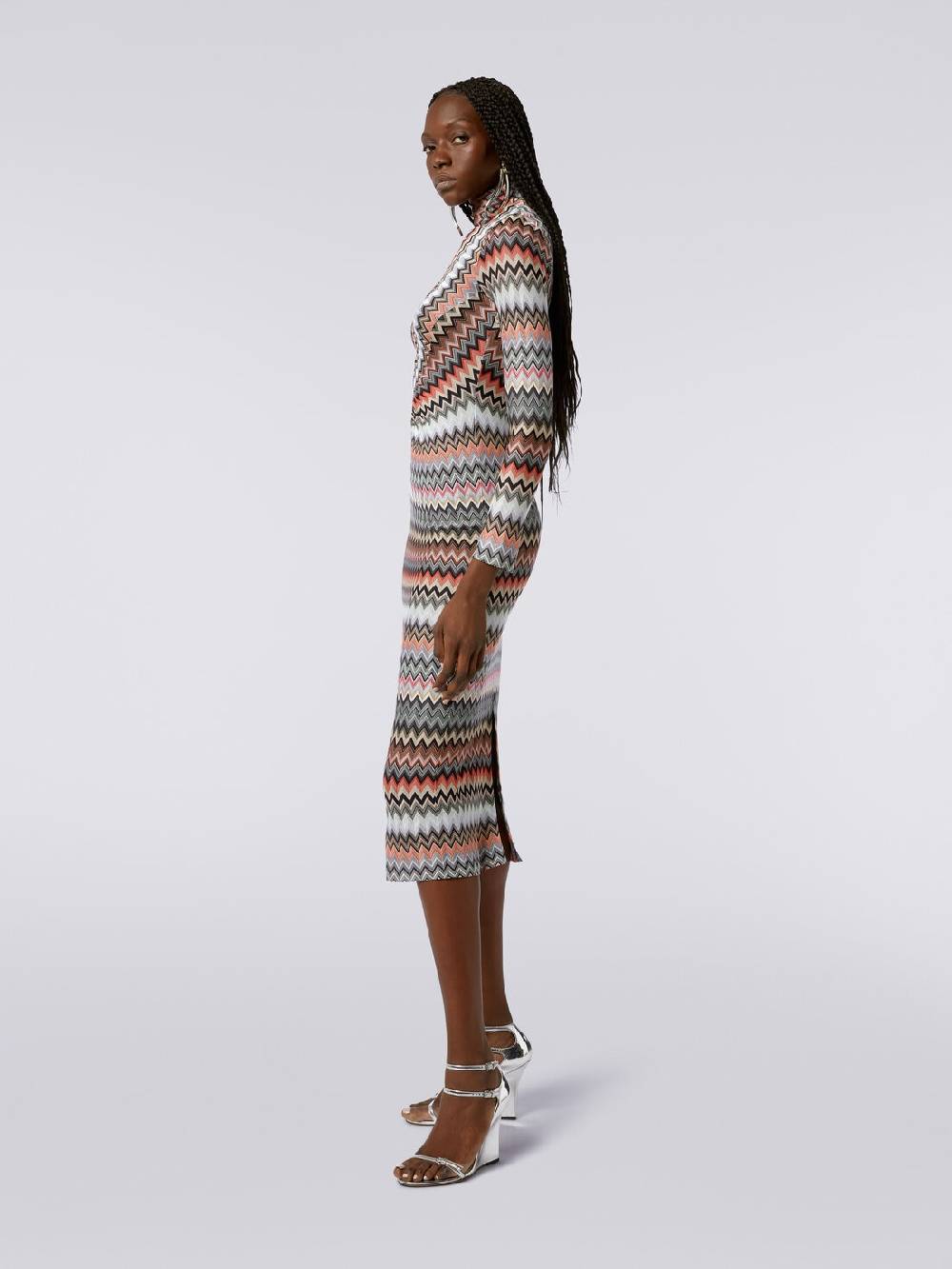 Missoni Abito lungo con collo alto in cotone e viscosa zig zag con arricciature 2025