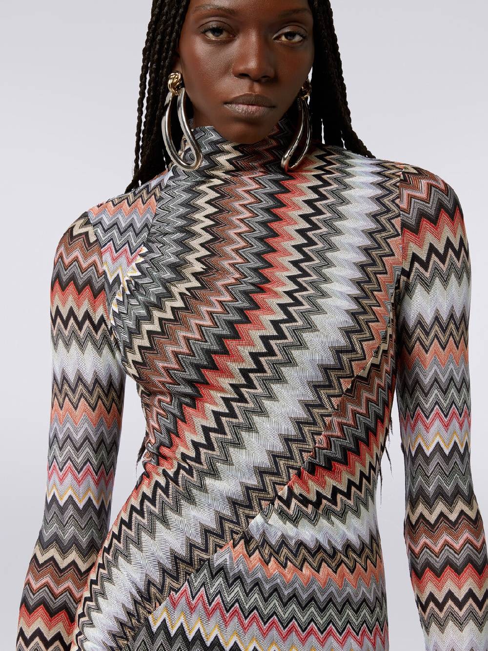 Missoni Abito lungo con collo alto in cotone e viscosa zig zag con arricciature 2025