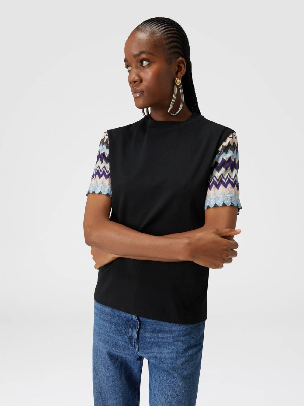 Missoni T-shirt in jersey di cotone con maniche in maglia zig zag Moda
