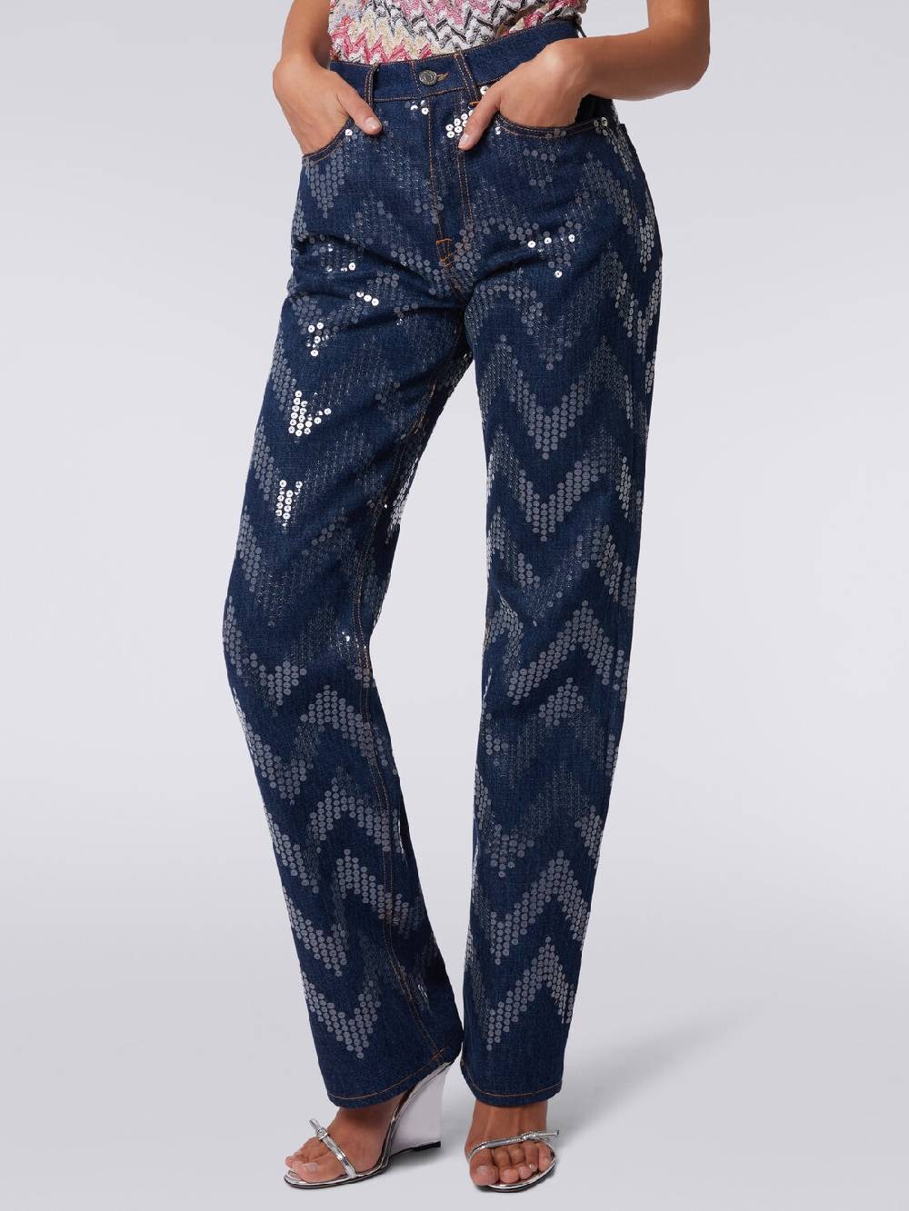 Missoni Cinque tasche in denim con paillettes zig zag Fino al 60% di sconto