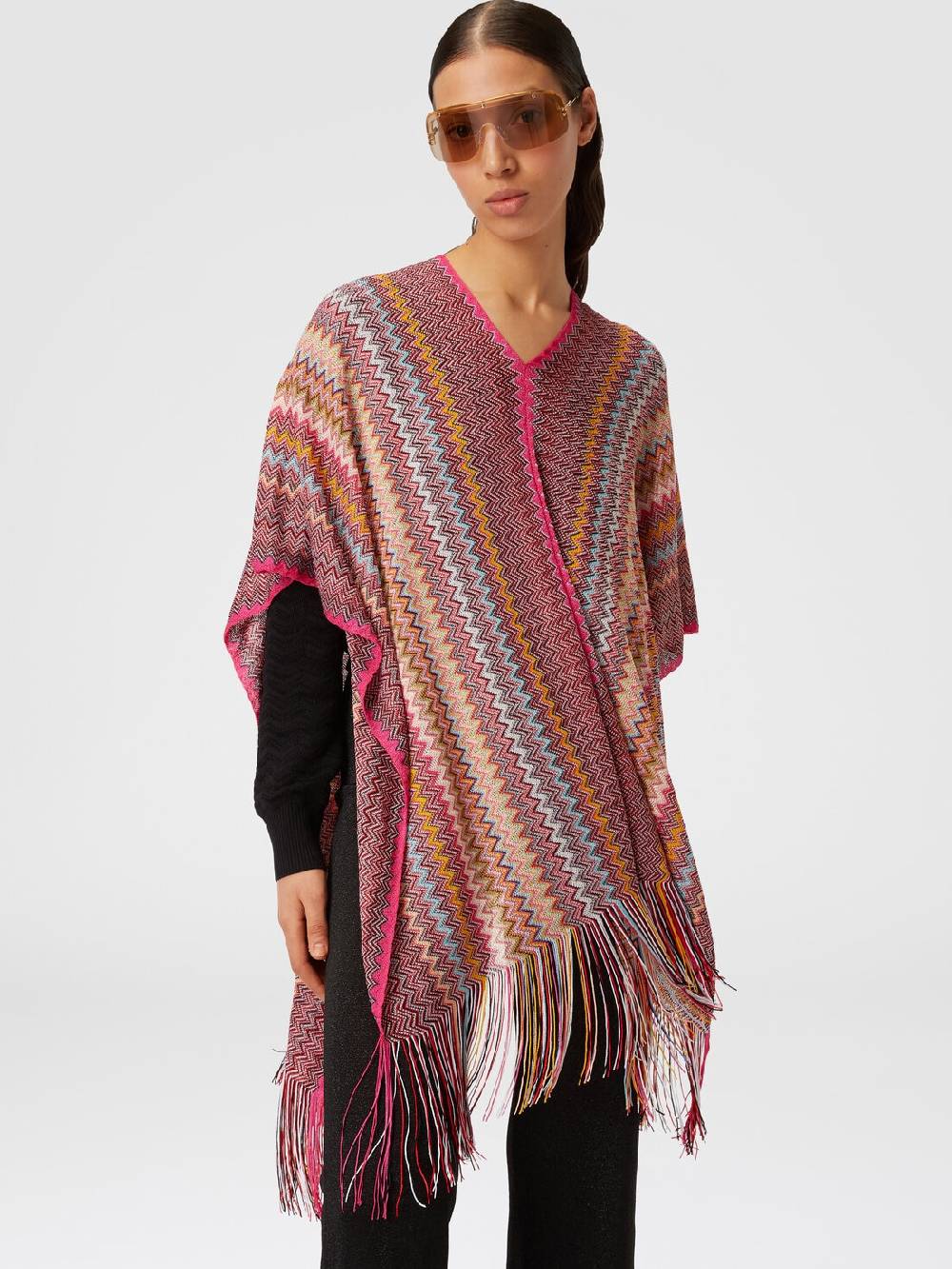 Missoni Poncho in maglia di viscosa zig zag con frange Vendita Calda