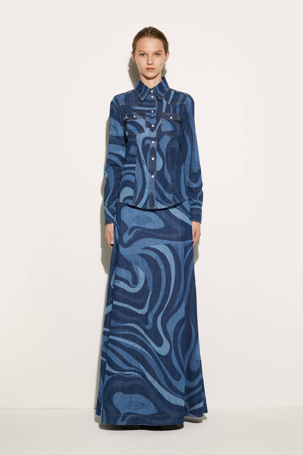 Pucci Camicia in denim con stampa Marmo Offerta speciale della fabbrica