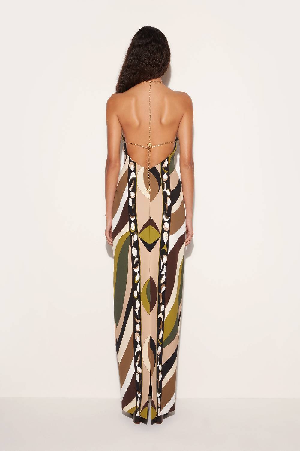Pucci Abito lungo con scollo all'americana e stampa Pesci Presa