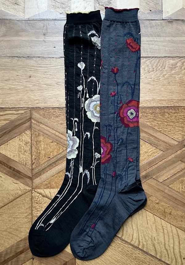 Rose & Lini ANTIPAST WOOL “BOLD BLOOM” AM-795HS LONG SOCKS BLACK Consegna Veloce