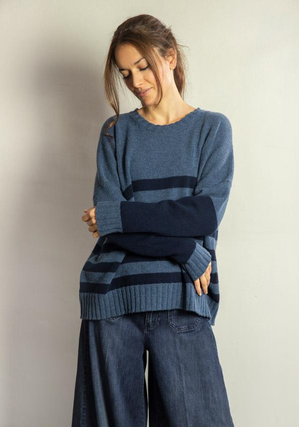 Rose & Lini MARCHÉ DES PALMIERS WOOL “GINEVRINA” STRIPED PULL BORMIDA & BLUE Offerte