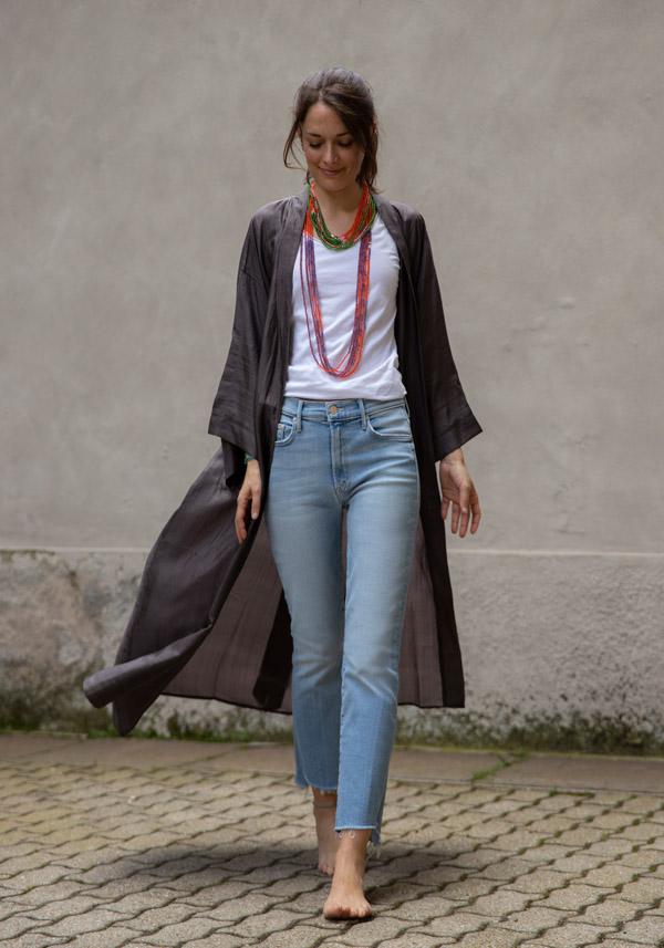 Rose & Lini THE ROSE IBIZA SILK “GOWN KIMONO” CHARCOAL In Linea