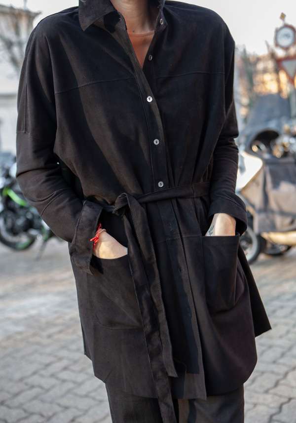 Rose & Lini GIORGIO BRATO BLACK SUEDE LEATHER MAXI SHIRT Saldi