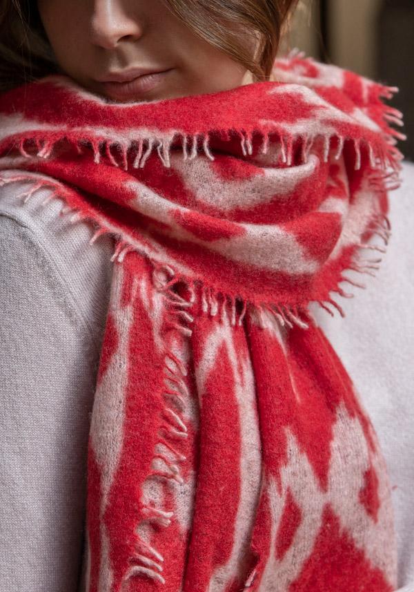Rose & Lini MIRROR IN THE SKY CASHMERE “OPEN KNITTED PRINT” BEIGE & FIERY SCARF Duty-free