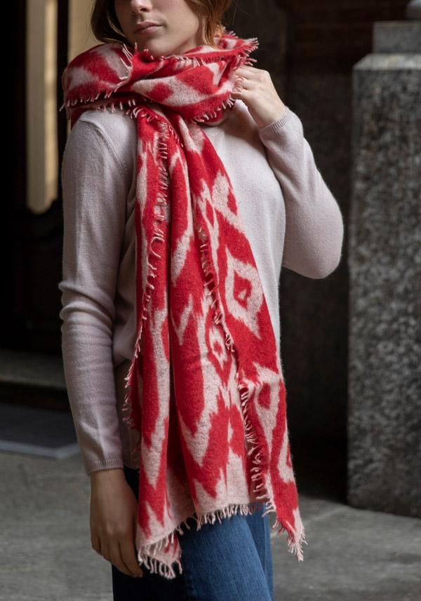 Rose & Lini MIRROR IN THE SKY CASHMERE “OPEN KNITTED PRINT” BEIGE & FIERY SCARF Duty-free