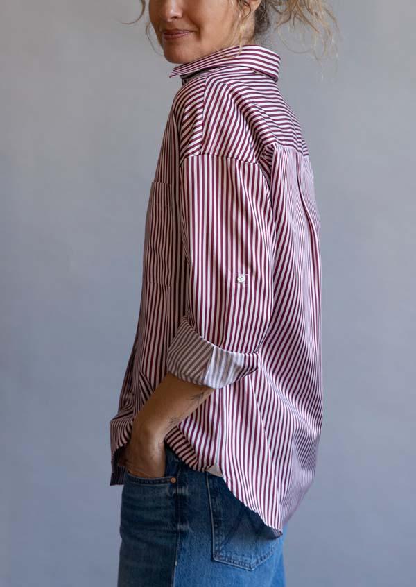 Rose & Lini FINAMORE BORDEAUX & WHITE STRIPED “SONIA” SHIRT In vendita