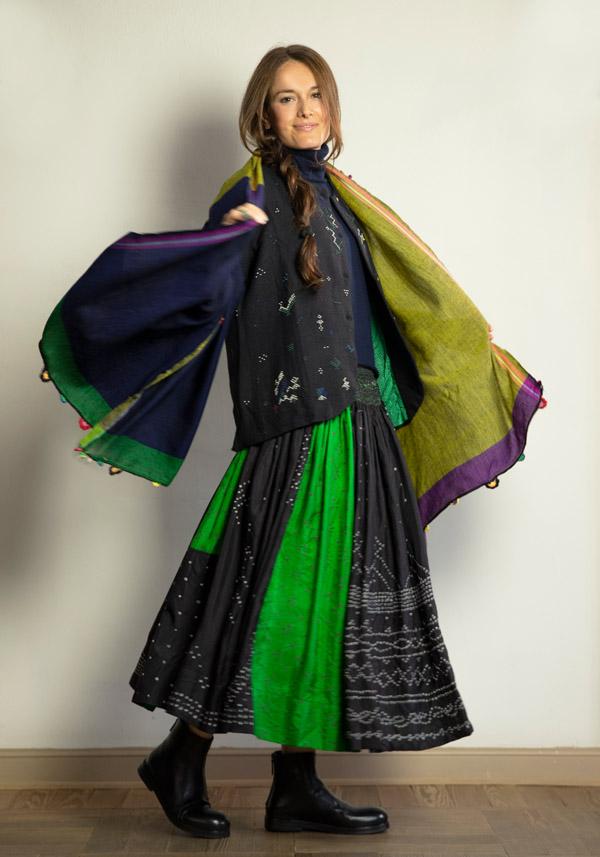 Rose & Lini INJIRI SILK PATTERNED “SKIRT 145 CUS” BLACK BLUE & GREEN Hotsell