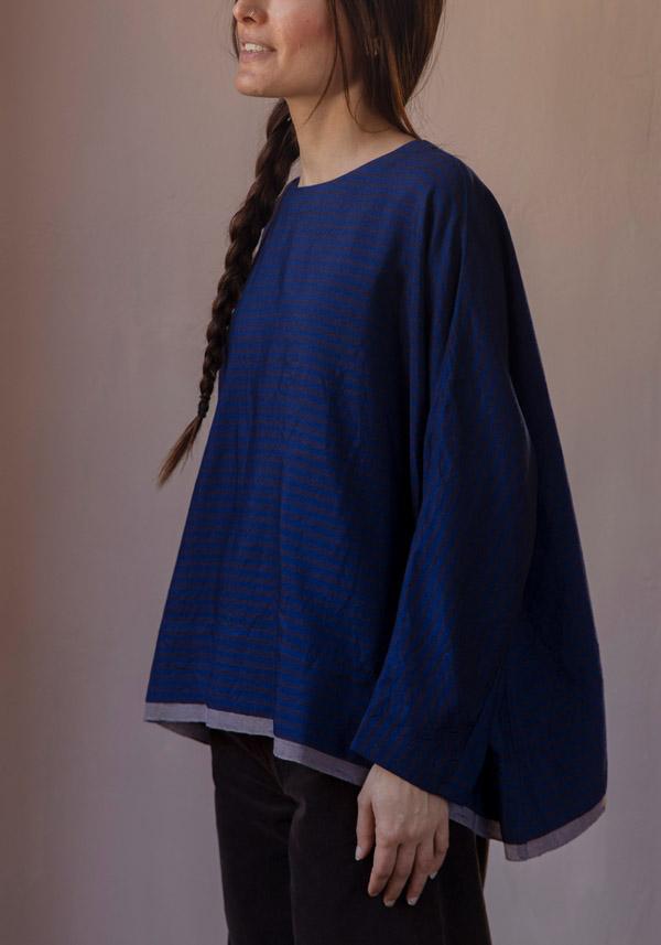 Rose & Lini AODRESS WOOL “BLOUSE 1” LAPIS & BROWN STRIPES Comprare a buon mercato