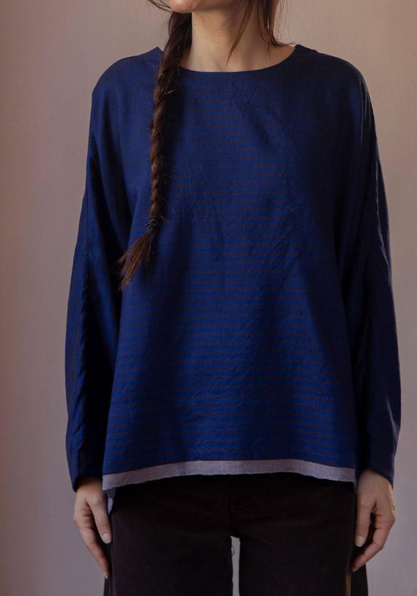 Rose & Lini AODRESS WOOL “BLOUSE 1” LAPIS & BROWN STRIPES Comprare a buon mercato