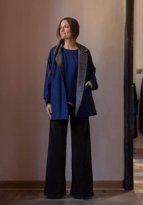 Rose & Lini AODRESS WOOL “BLOUSE 1” LAPIS & BROWN STRIPES Comprare a buon mercato