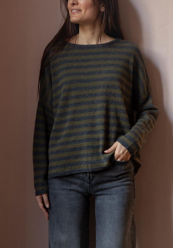 Rose & Lini THAT’S ALYKI CASHMERE “SOPHIE” KAKI & STONE STRIPED SWEATER Super Saving Price