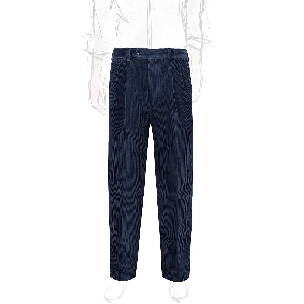 Rubinacci Pantalone 2 pinces in velluto a coste blu Vendita Calda