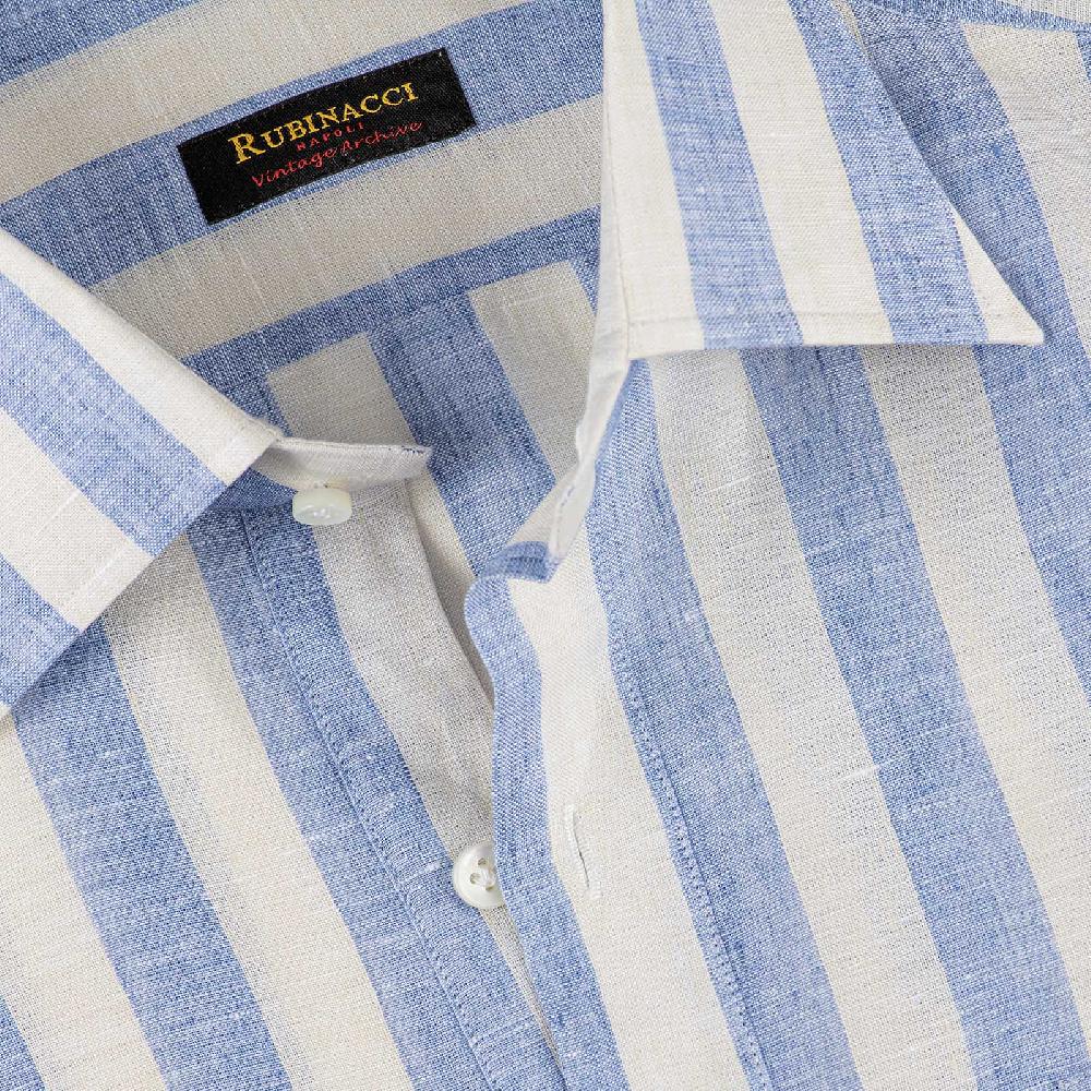 Rubinacci Polo in lino rigato azzurro In Saldo