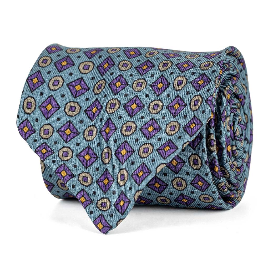 Rubinacci Cravatta in twill di seta turchese con stampa geometrica Spedizione gratuita