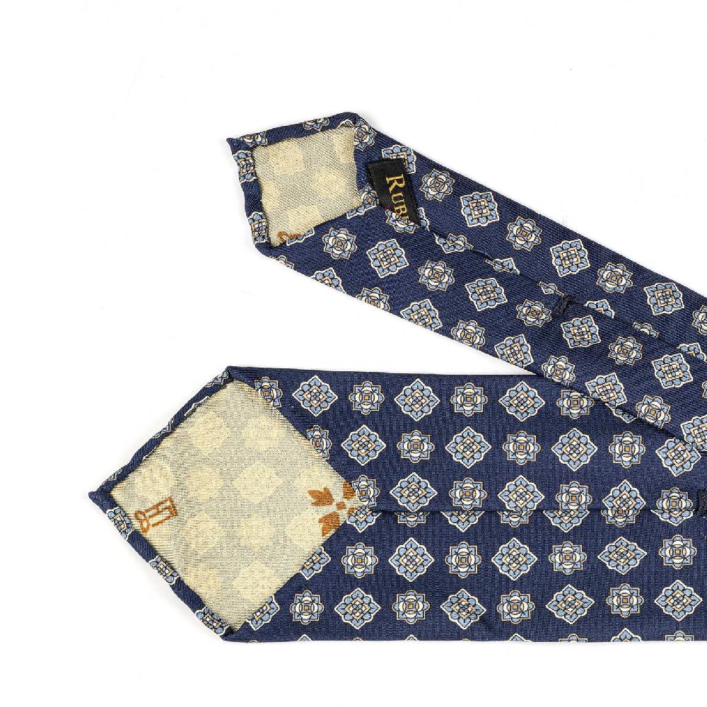 Rubinacci Cravatta in twill di seta con stampa geometrica blu Fornitura limitata