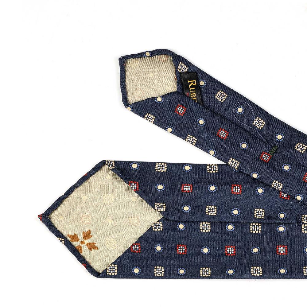 Rubinacci Cravatta in twill di seta navy blu con stampa geometrica Offerta Giorno del Papà